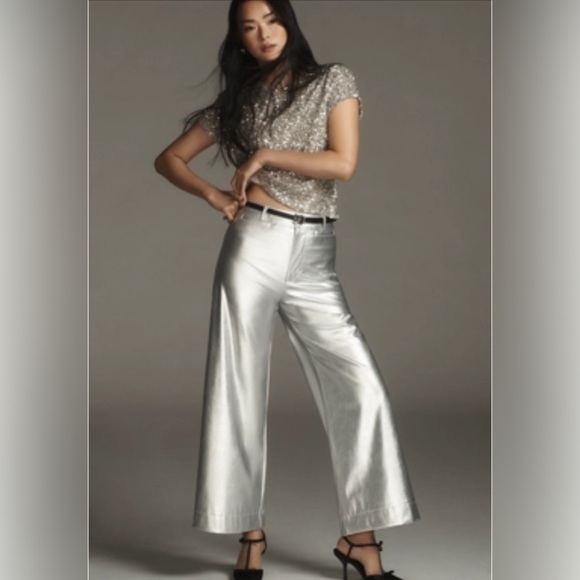Anthropologie Pants - Anthropologie Maeve Metallic Silver Wide Leg Cropped Pants women’s Sz 22 party